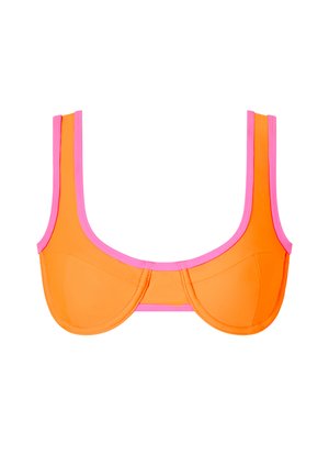 Orange bikini top med pink kant, der har underwire kopper, brede stropper og en glat overflade. Designet til en struktureret pasform.