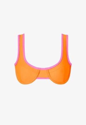 Orange bikini top with pink trim, featuring underwire cups, wide straps, and a smooth texture. Designed for a structured fit.