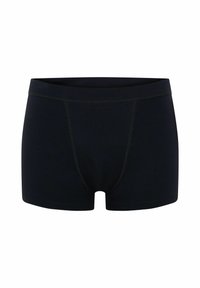 Boxer-shorts noirs en tissu lisse avec un design ajusté, dotés d'une large ceinture et de détails de couture minimalistes.