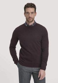 Bordeauxfarbenes Rundhals-Pullover aus weichem Strickmaterial, mit langen Ärmeln, gerippten Bündchen und Saum, getragen über einem blau-grauen Karierten Hemd.