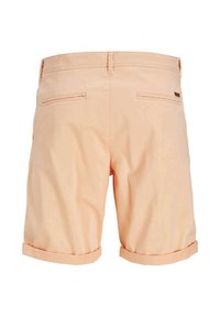 Pantaloncini color pesca chiaro con orli risvoltati, due tasche posteriori a fessura e passanti per cintura, visti da dietro.