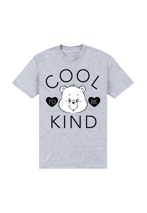 Grå kortærmet t-shirt med en bjørneillustration og teksten "COOL TO BE KIND" i sorte bogstaver.