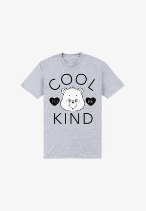 Grå kortærmet t-shirt med en bjørneillustration og teksten "COOL TO BE KIND" i sorte bogstaver.