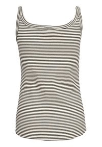 Gestreiftes Tanktop in Schwarz und Weiß mit geripptem Textur, ausgestattet mit einem Rundhalsausschnitt und schmalen Schulterträgern. Glattes Material und taillierte Passform.