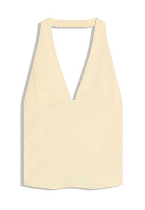 Top fără mâneci de culoare crem, cu decolteu adânc în V și bretele late, prevăzut cu o bandă elastică adunată la spatele gâtului.