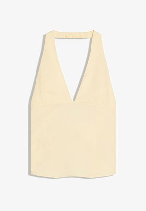 Kremasti top bez rukava s dubokim V-izrezom i širokim naramenicama, s nabranom elastičnom trakom na stražnjem dijelu vrata.