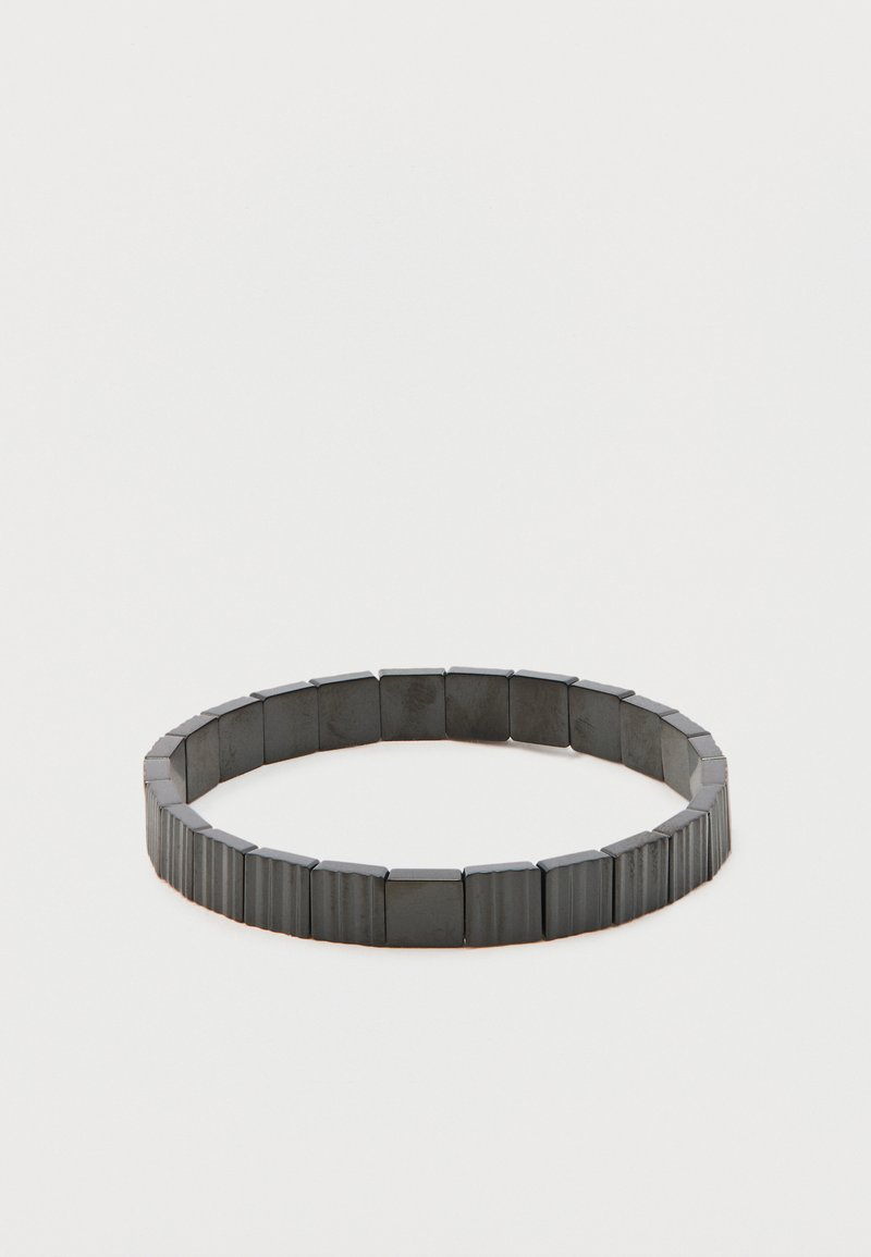 Black elastic bracelet made of segmented rectangular beads. The beads have a smooth texture and a polished finish, creating a uniform appearance.