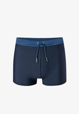 Pánské plavky tmavě modré barvy s tmavším modrým pasem a předním stahovacím tkaničkovým páskem s kovovými konci, zobrazené na bílém pozadí.