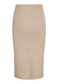 Jupe crayon en tricot côtelé beige avec taille haute et ourlet droit, longueur au genou, confectionnée en tissu doux.