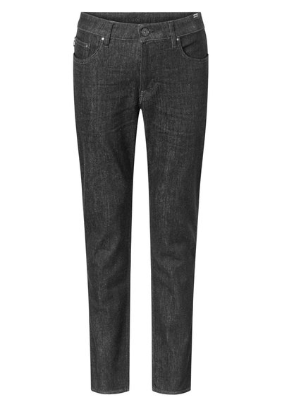 Jean en denim gris foncé avec une coupe droite, cinq poches et une fermeture à bouton à l'avant. Présente une texture subtile et des coutures robustes.