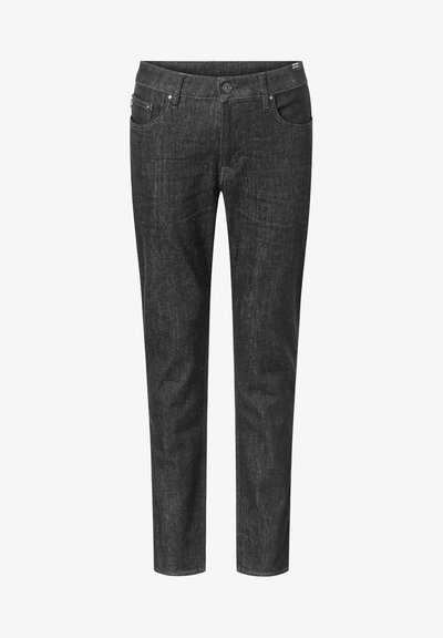 Jean en denim gris foncé avec une coupe droite, cinq poches et une fermeture à bouton à l'avant. Présente une texture subtile et des coutures robustes.