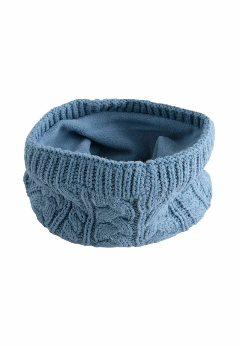 Scaldacollo circolare lavorato a maglia in morbido tessuto blu, con un motivo a treccia e un caldo rivestimento in pile per garantire calore e comfort.