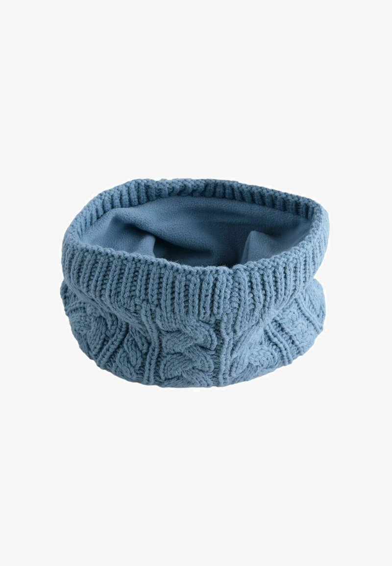 Scaldacollo circolare lavorato a maglia in morbido tessuto blu, con un motivo a treccia e un caldo rivestimento in pile per garantire calore e comfort.
