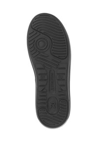 Semelle de chaussure en caoutchouc noir avec des motifs de grip texturés, designs circulaires et linéaires, et détails moulés de manière complexe. Taille 37 indiquée sur le côté.