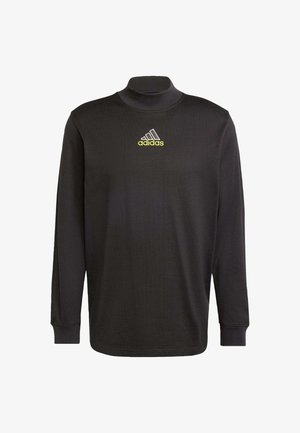 Czarny długi rękaw golf uszyty z gładkiego materiału o dopasowanym kroju. Posiada małe żółto-białe logo Adidas na klatce piersiowej.