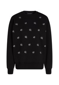 Schwarzer Sweatshirt mit Rundhalsausschnitt und verstreuten, weißen gestickten Designs. Hergestellt aus weichem Stoff mit gerippten Bündchen und Saum.