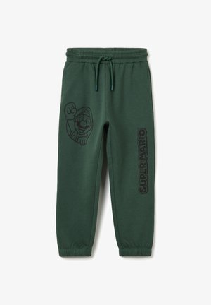 Pantalones de chándal verdes de mezcla de algodón, con un gráfico de Mario en el lado izquierdo y el texto "SUPER MARIO" en el derecho. Cintura elástica.