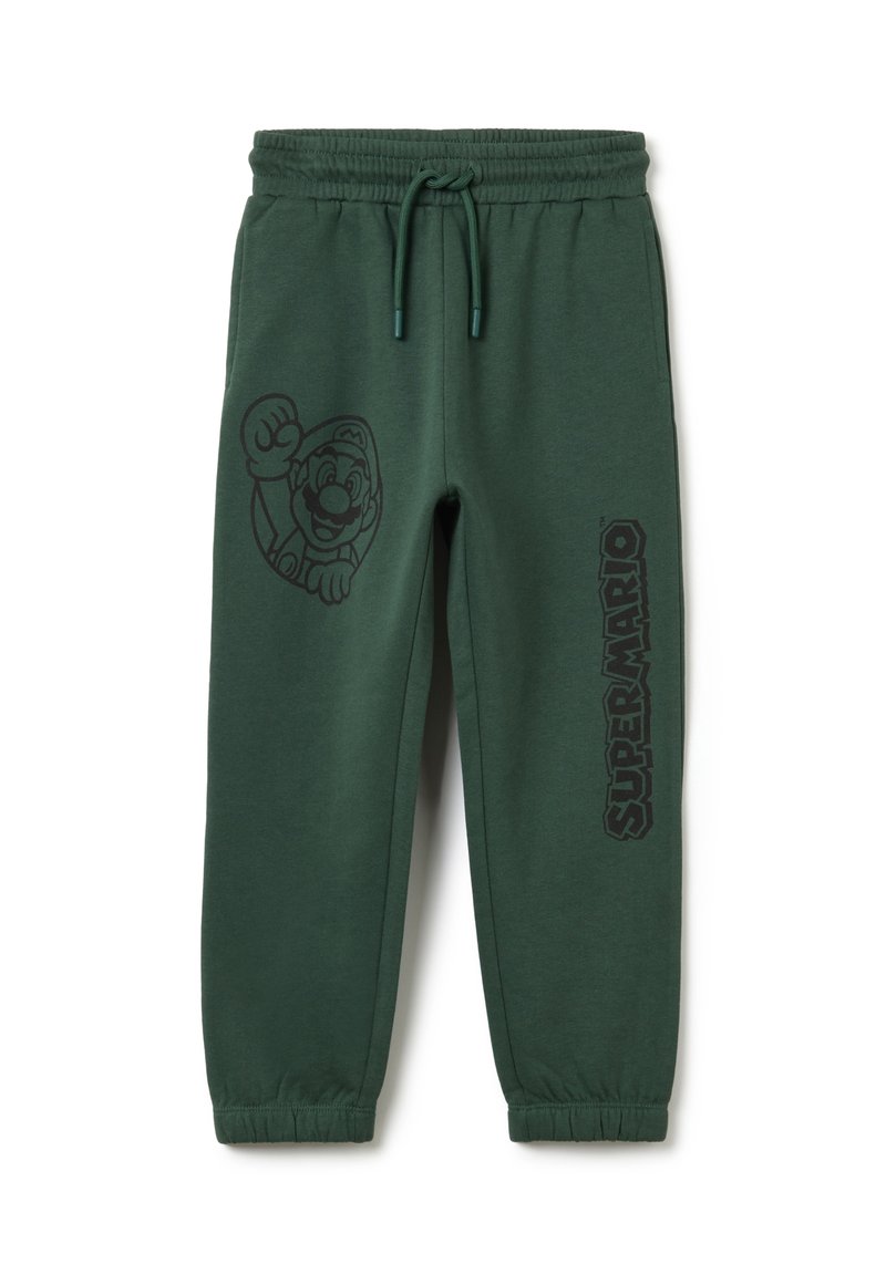 Grüne Sweatpants aus Baumwollmischung, mit einem Mario-Graphic auf der linken Seite und dem Text "SUPER MARIO" auf der rechten. Elastischer Bund.