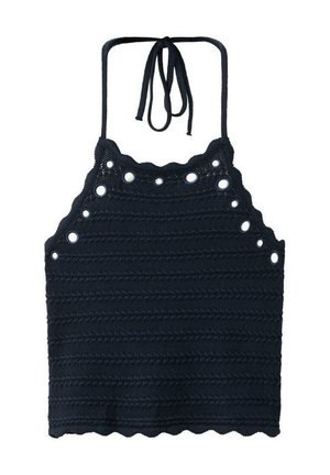 Haut court en crochet noir avec bords festonnés et détails d'œillets circulaires le long de l'encolure et des côtés, noué avec des lanières autour du cou.