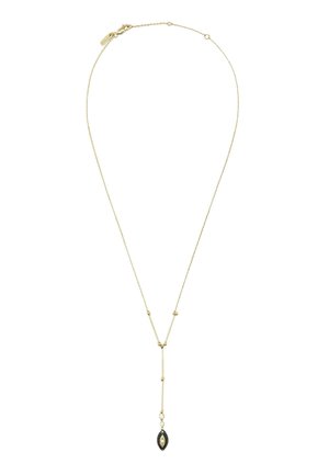 Zarte goldene Halskette mit Y-förmigem Anhänger, der drei kleine klare Steine und einen schwarz-goldenen Marquise-förmigen Anhänger zeigt.