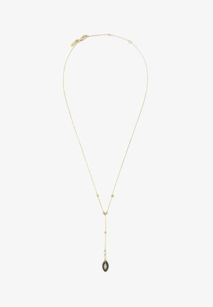 Delicate gouden ketting met een Y-vormige hanger, voorzien van drie kleine heldere stenen en een zwart-gouden marquisevormige hanger.