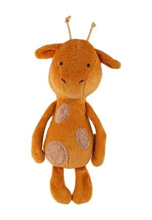 Giraffen-Stofftier aus weichem orangefarbenem Stoff mit braunen Flecken, runder Kopf, langer Hals und gestickten Augen, mit antennenartigen Details oben.