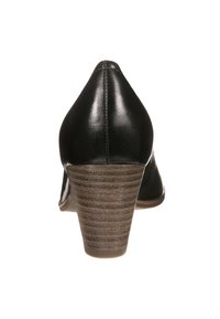 Black leather high heel with a pointed toe, featuring a textured wooden heel and smooth finish, showcasing a sleek silhouette.