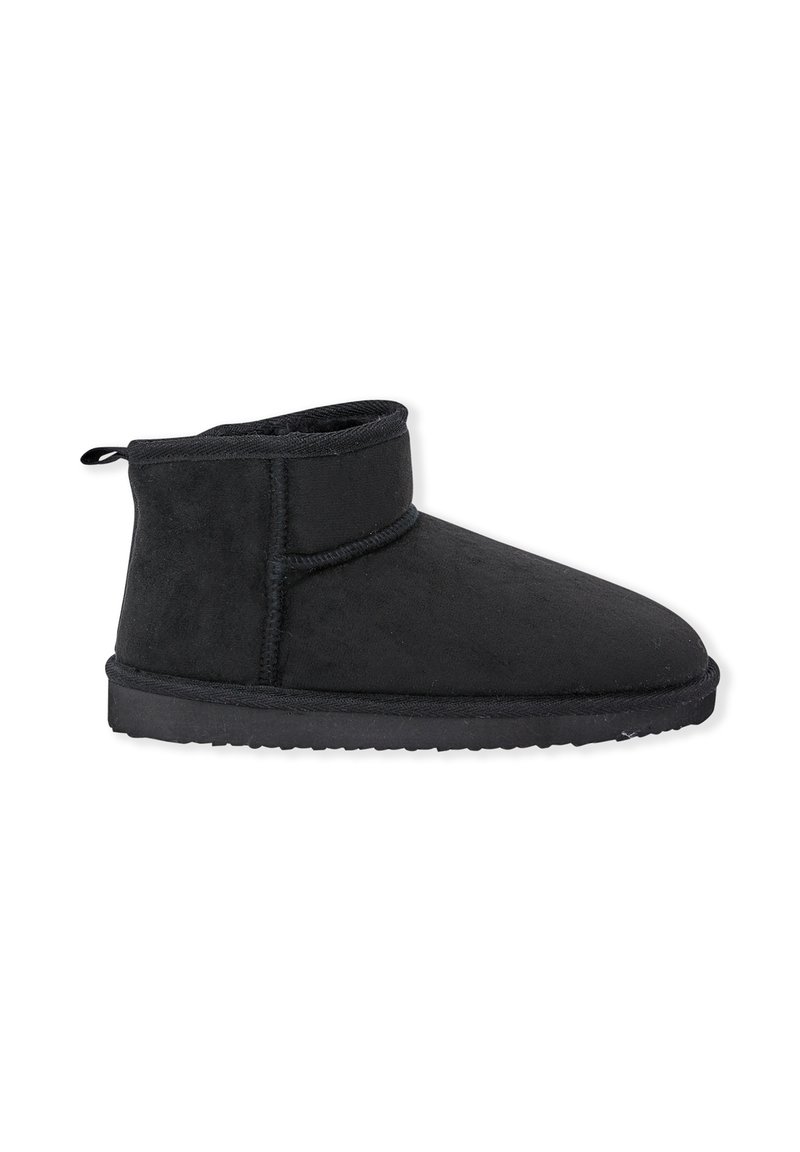 Stivali alla caviglia in suede nero con suola piatta in gomma, punta rotonda e dettagli di cucitura. Presentano una piccola linguetta sul retro per facilitarne l'indossamento.