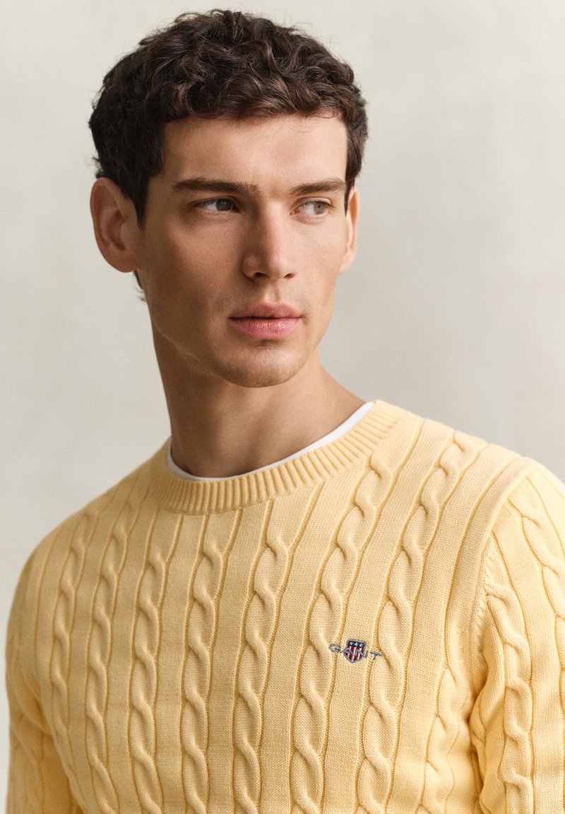 Jeune homme aux cheveux courts, bouclés et foncés, portant un pull en maille torsadée jaune pâle, regardant vers sa droite sur un fond clair uni.