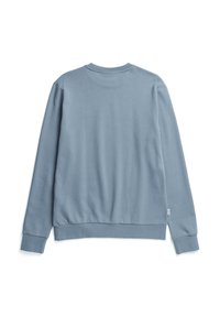 Lichtblauwe sweatshirt met een ronde hals, lange mouwen, ribgebreide manchetten en een ribgebreide zoom. Gladde textuur, geen zichtbare patronen of versieringen.