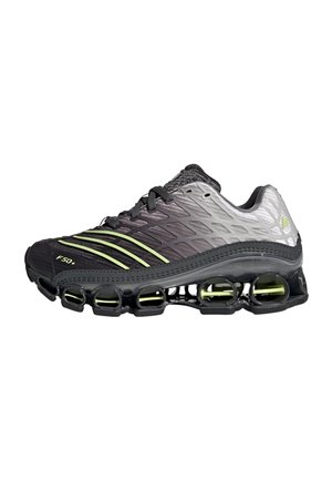 Running shoe with black and gray upper, neon yellow stripes, and unique segmented sole for enhanced cushioning and support.