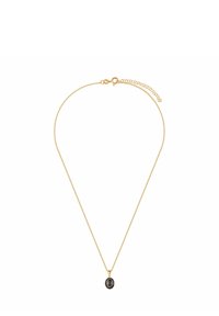 Złoty łańcuszek z owalnym wisiorkiem, który zawiera czarny kamień otoczony szczegółową metalową ramką. Regulowana długość łańcuszka.