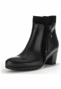 Schwarze Ankle Boots mit einem Obermaterial aus glattem Leder, Wildledereinsätzen, seitlichem Reißverschluss und einem gestapelten Absatz. Sie verfügen über eine abgerundete Zehenpartie und minimale Nähte.