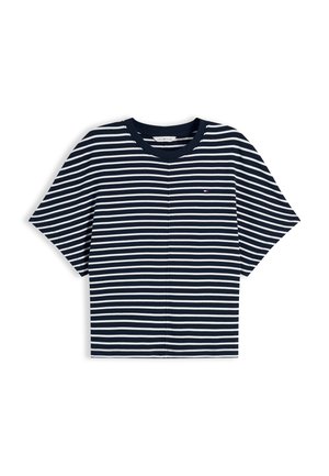 Camiseta de manga corta a rayas horizontales azul marino y blanca, con cuello redondo y pequeño logo en el área izquierda del pecho.