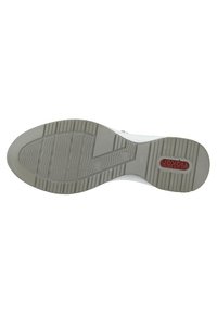 White sneaker sole with a textured rubber outsole. Features a triangular tread pattern and red branding detail.