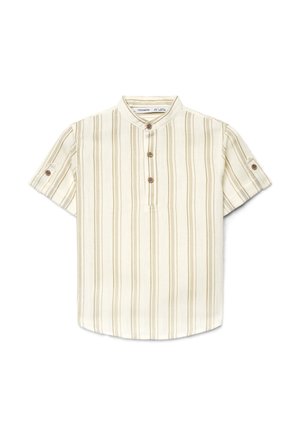 Beżowa koszula z krótkim rękawem z pionowymi brązowymi paskami, kołnierzem typu mandarynka, trzema guzikami z przodu i zapinanymi na guziki pętlami na rękawach.