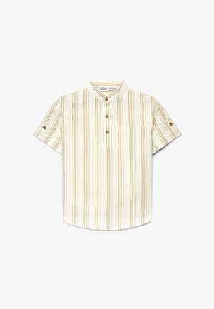 Beżowa koszula z krótkim rękawem z pionowymi brązowymi paskami, kołnierzem typu mandarynka, trzema guzikami z przodu i zapinanymi na guziki pętlami na rękawach.