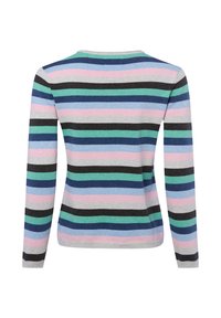 Trui met lange mouwen met horizontale strepen in blauw, roze, groen, grijs en zwart, gezien van de achterkant tegen een witte achtergrond.