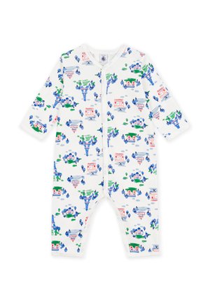 Weißer Baby-Strampler mit blauen, grünen und roten Illustrationen von Gebäuden, Bäumen und Wolken, mit vorderem Reißverschluss.