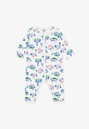 Weißer Baby-Strampler mit blauen, grünen und roten Illustrationen von Gebäuden, Bäumen und Wolken, mit vorderem Reißverschluss.
