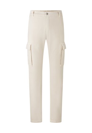 Beige rechte cargo-broek met knoopsluiting, riemlussen en klepzakken op beide dijen.