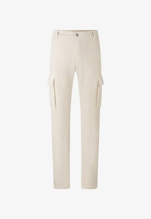 Beige Cargo-Hose mit geradem Bein, Knopfverschluss, Gürtelschlaufen und Klappentaschen auf beiden Oberschenkeln.