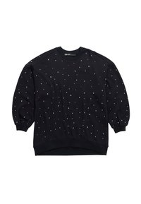 Sudadera negra con cuello redondo, que presenta un patrón de pequeños puntos de colores en rojo, blanco y plata. Puños y bajo acanalados. Textura suave.