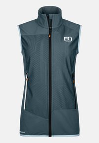 Ärmellose, türkisfarbene Weste mit hohem Kragen, Frontreißverschluss und strukturiertem Muster. Verfügt über kontrastierende hellblaue Akzente und zwei Seitentaschen.