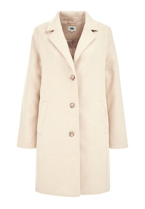 Manteau en mélange de laine beige avec des manches longues, des revers crantés et trois boutons sur le devant. Comprend deux poches sur les côtés et une doublure intérieure lisse.