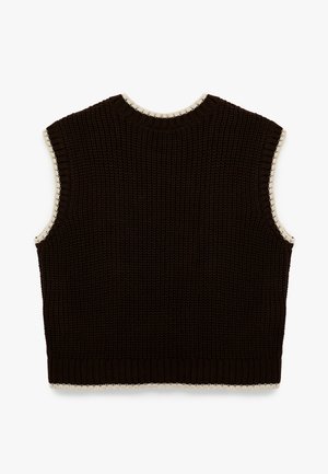 Brauner ärmelloser Pullover mit rundem Ausschnitt, mit weißen Fransenakzenten entlang des Ausschnitts und der Kanten, strukturiertes Strickmuster.