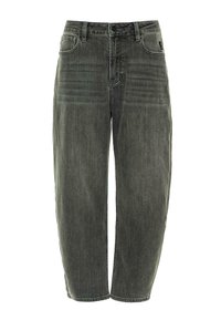 Jeans in denim grigio scuro con vestibilità rilassata, dotati di cinque tasche, chiusura con bottone e una leggera scoloritura sul davanti e sul retro.