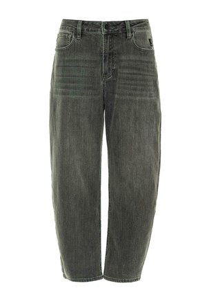 Jean en denim gris foncé avec une coupe décontractée, comprenant cinq poches, une fermeture à bouton et un léger délavage à l'avant et à l'arrière.