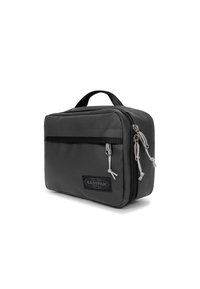 Borsa di tessuto grigia di forma rettangolare, con due scomparti con zip, una maniglia superiore e una tasca frontale con un'etichetta logo.