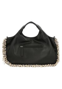 Sac à main en cuir noir de forme arrondie, avec une poche frontale zippée et un accent de sangle tressée multicolore le long du bord.